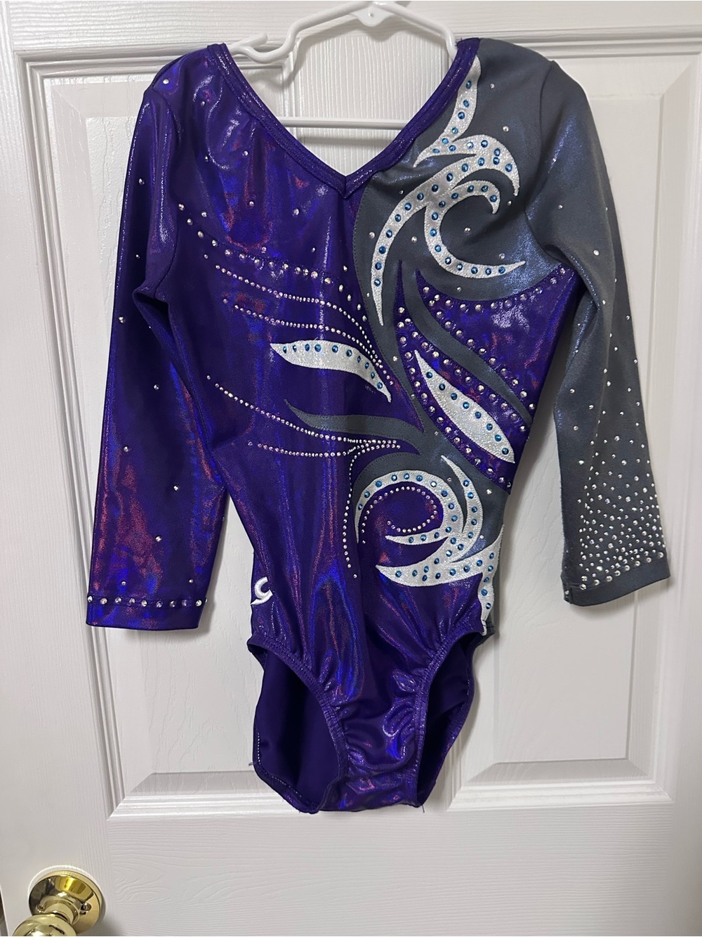 GK Purple and Gray Long-Sleeve Gymnastics Leotard with Crystal Swirls